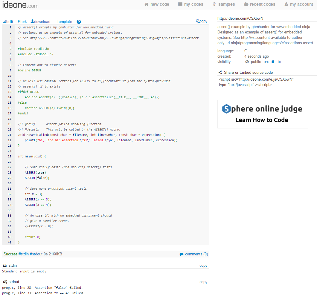 Example assert() code on Ideone (http://ideone.com/CSX6wN).