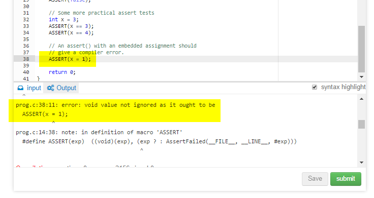 A screenshot of the C compiler throwing an error when an assignment is attempted within the parameter passed to an assert().