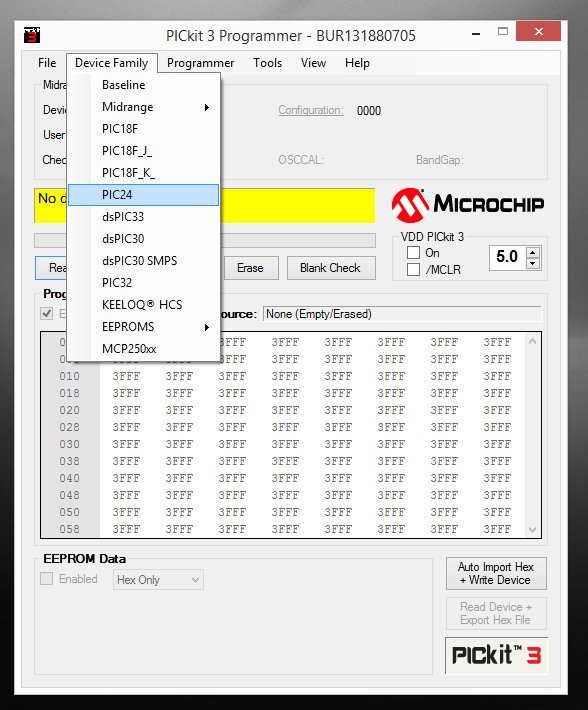 Selecting 'PIC24' from the 'Device Family' menu in the PICkit 3 v3.01 standalone programmer.