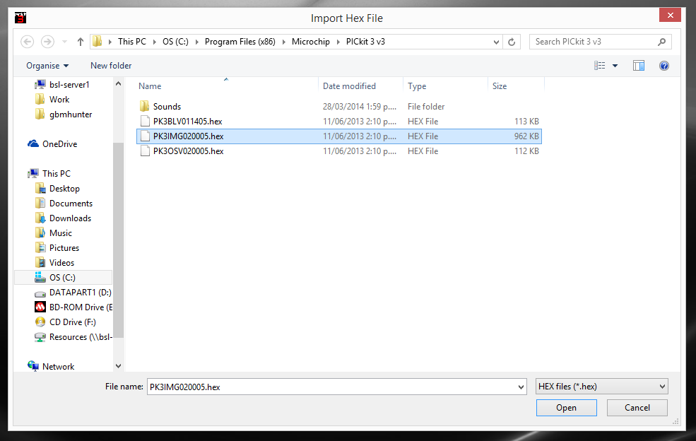 Select the PICkit3 hex file 'PK3IMG0200005.hex' from 'C:/Program Files (x86)/Microchip/PICkit 3 v3' or similar.