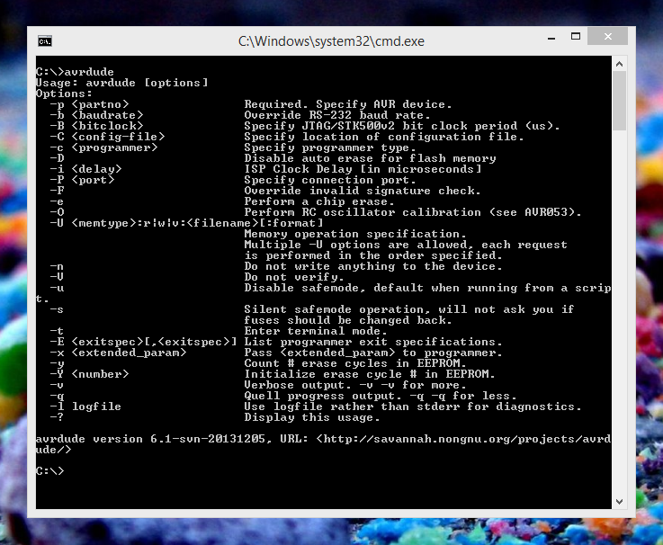 The default information printed by avrdude from the Windows command line.