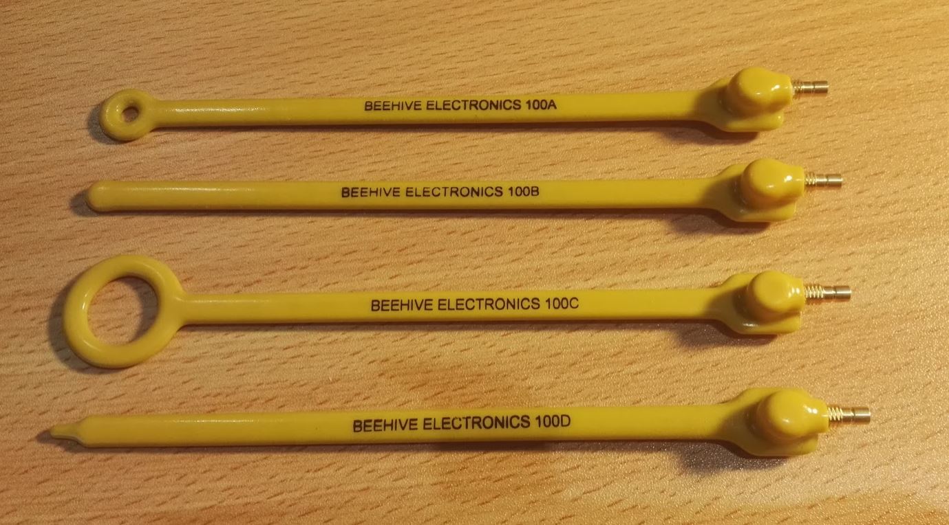 The four non-contact EM probes made by Beehive Electronics. Three are for magnetic field measurement and one is for electric field measurement.