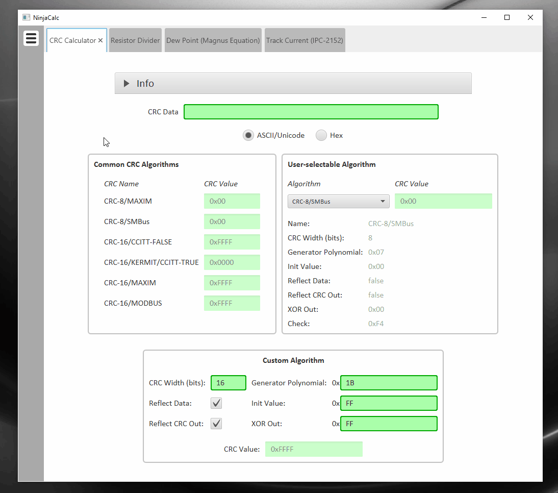 Example usage of the CRC Calculator within NinjaCalc (http://gbmhunter.github.io/NinjaCalc/).