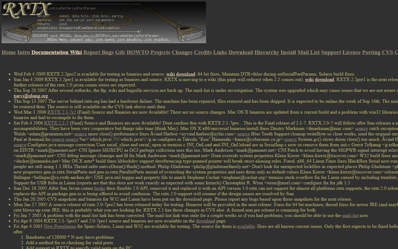 A screenshot of RXTX's (a Java comm port library) front page on their website. Dear god.