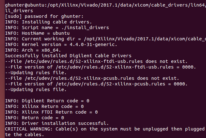 A snapshot of the terminal output while installing the Xilinx 'Digilent' JTAG drivers on Ubuntu.
