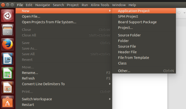 Creating a 'New Application' in the Xilinx SDK.
