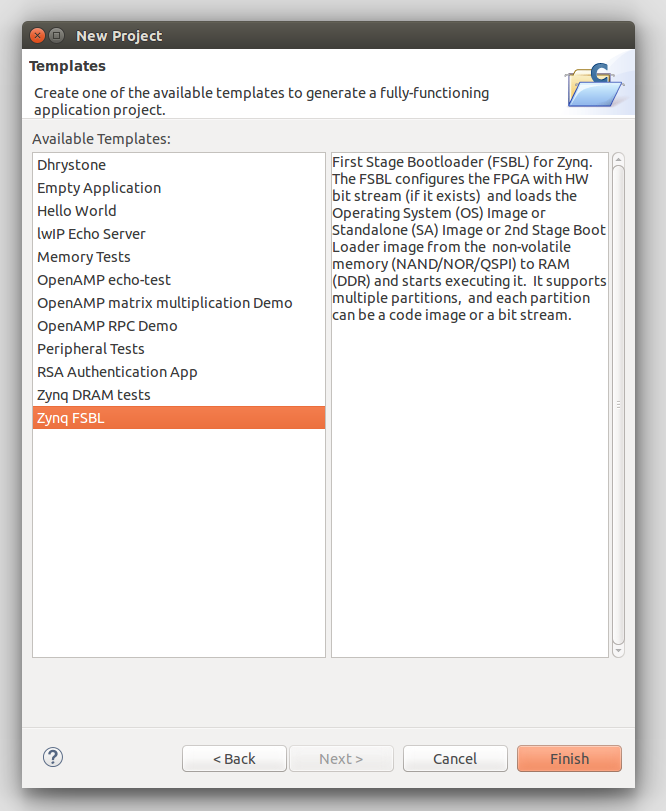 Select 'Zynq FSBL' as the template for the application.