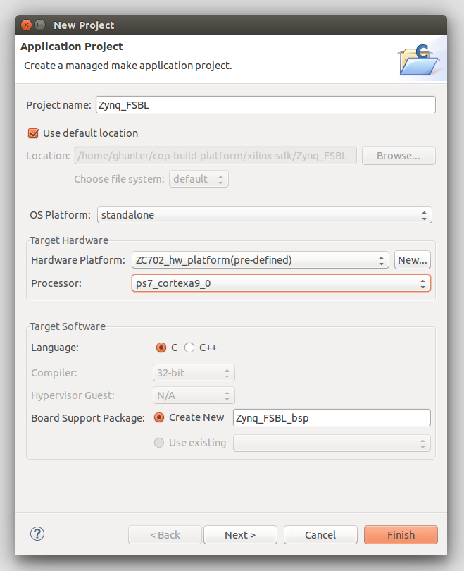 Give the Zynq FSBL project a name and make sure the right platform/processor is selected.