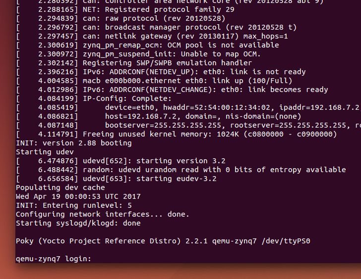 The final stages of a Yocto Linux (built for the Xilinx ZC702 dev. board) boot running in QEMU.