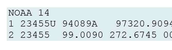A partial screenshot of a TLE (two-line element) for the NOAA 14 satellite.