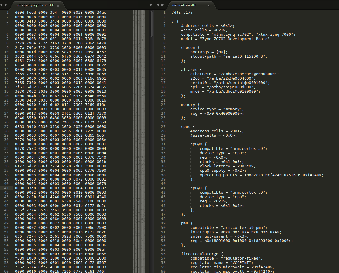 A comparison between the Yocto generated binary Device Tree Blob (.dtb) file and the human-readable Device Tree Source (.dts) file that can be created from the .dtb file using the program dtc.