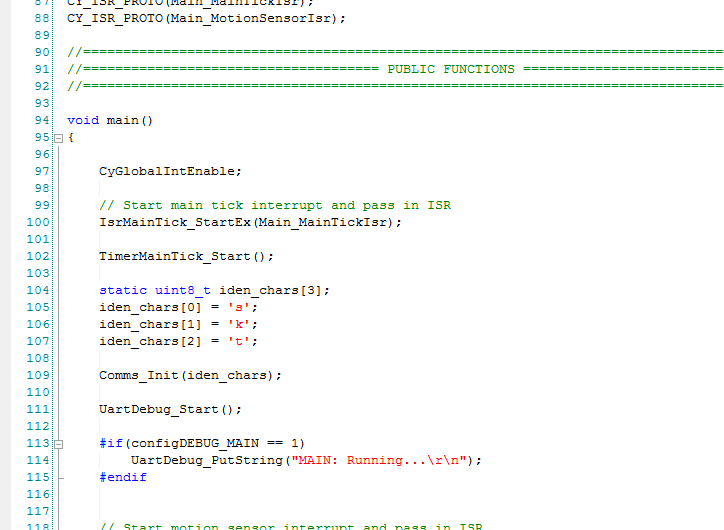Screenshot of the electric skateboard firmware, showing main.c.