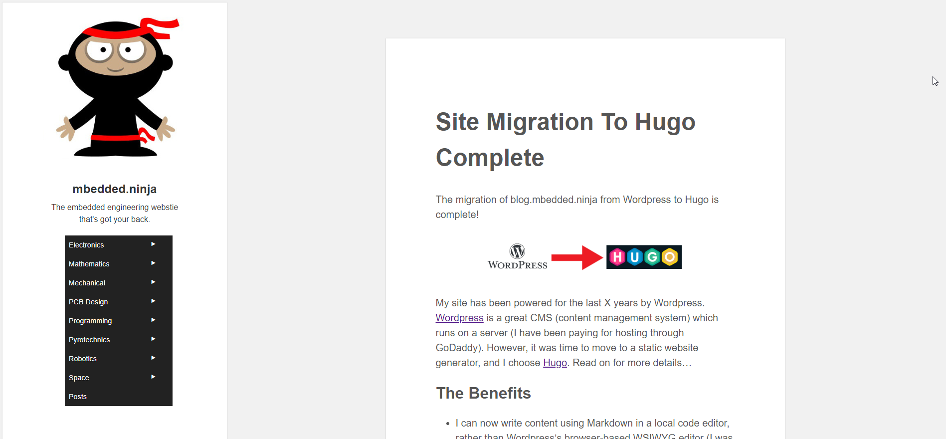 The homepage just after migrating to Hugo in December 2018.