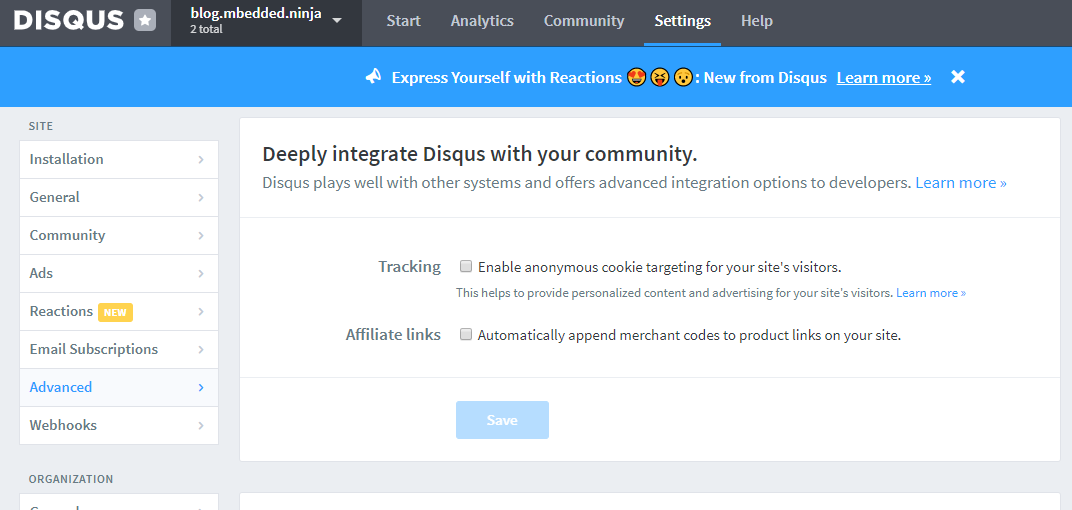 The two checkboxes I had to disable in my Disqus settings to prevent Disqus from corrupting URLs on the rest of the page, and adding vglnk classes.