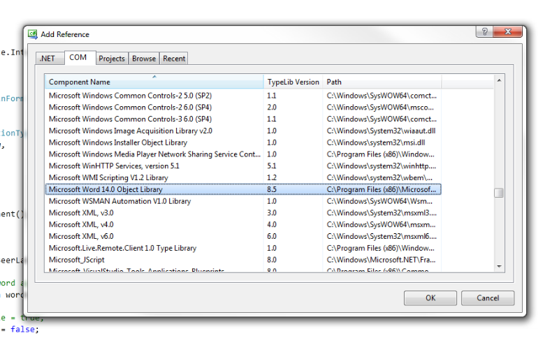 Adding the Microsoft Word x.x (14.0 in this case) Object Library to a C# project.