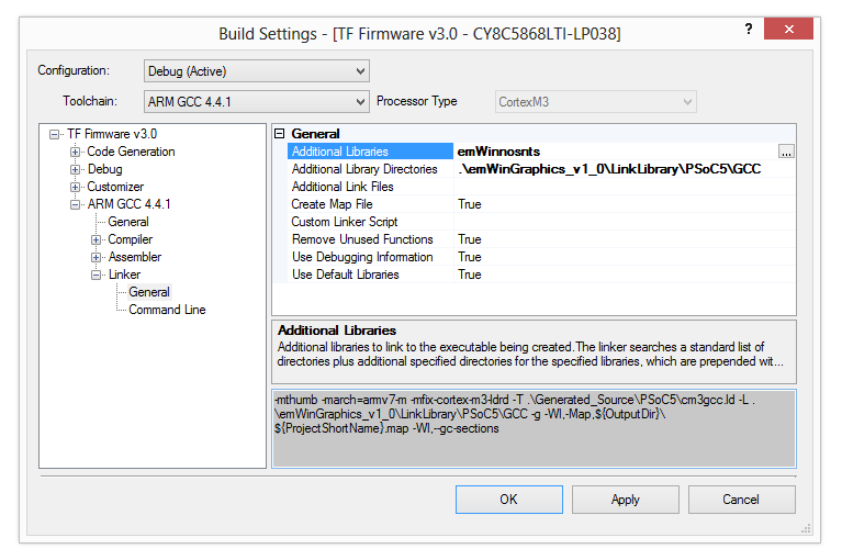 The linker build settings for using emWin with GCC.