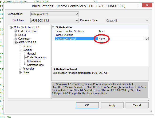 Setting the compiler optimisation to none in the PSoC Creator project build settings so that C++ code can be debugged just like normal C code.