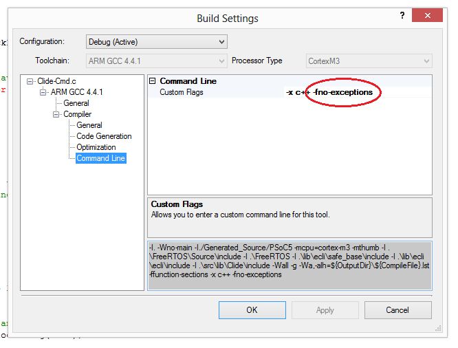 Add the custom compile flag '-fno-exceptions' flag via the 'Build Settings' menu in PSoC Creator.