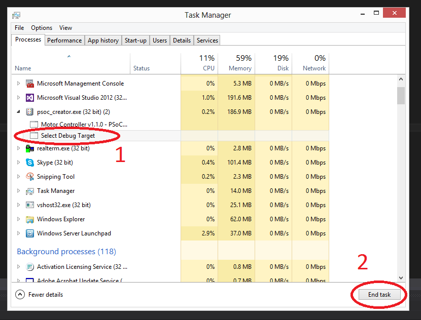 Closing the 'Select Debug Target' application from Windows task manager can unfreeze PSoC Creator when it crashes during a programming attempt.