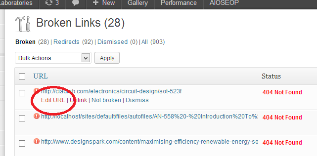 You only have to edit a broken hyperlink once for all ocurrances of it on your site.